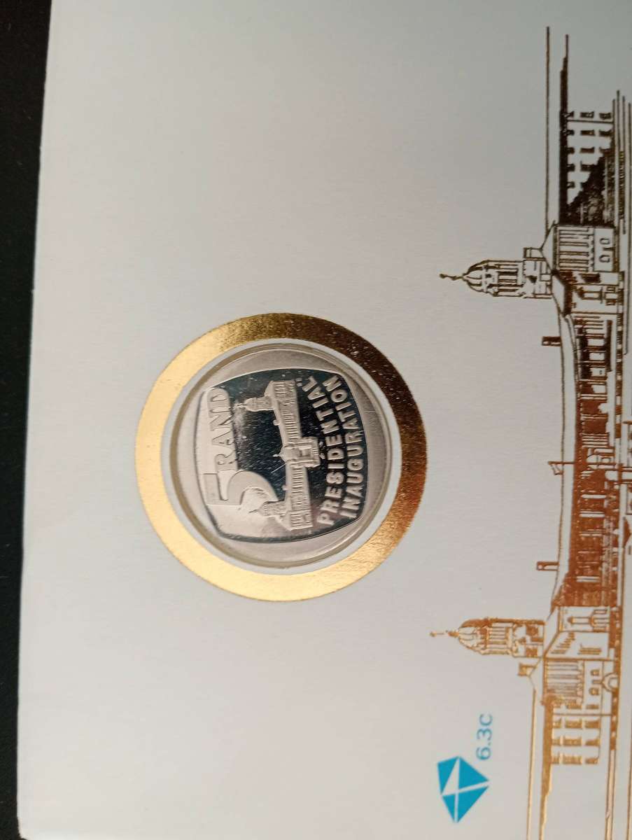 ### COMBO INAUGURATION MANDELA 1994 FDC R5 coin  plus envelope with stamps ###