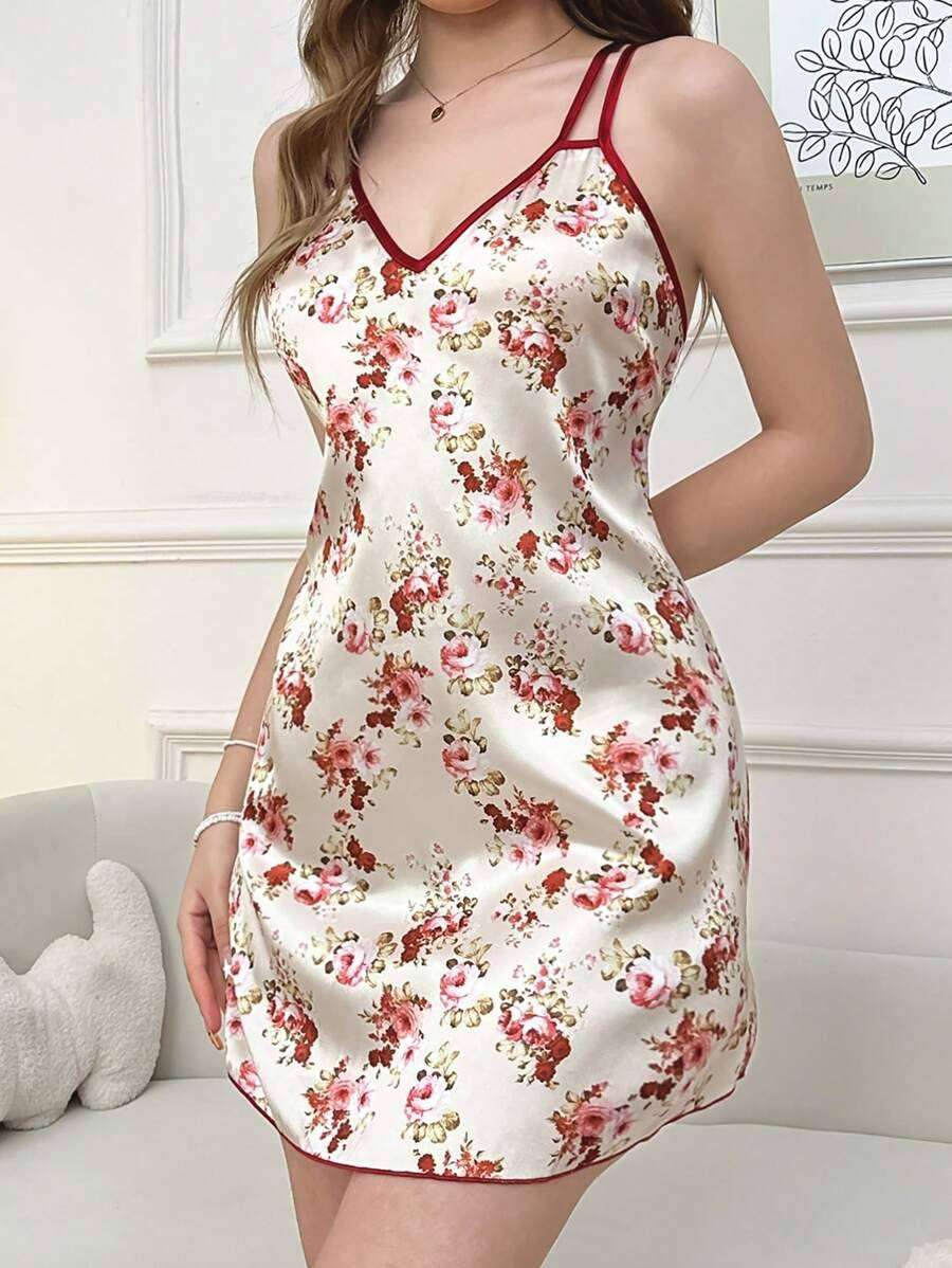 Floral print cami nightdress with cross-back design, silk-like fabric