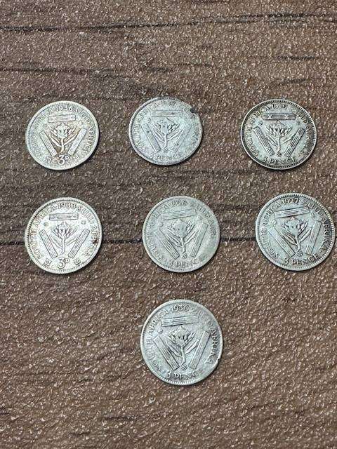 S A UNION THREE PENCE  TICKY SILVER YEAR 1926-27-29-30-33-36-27 TOTAL SEVEN