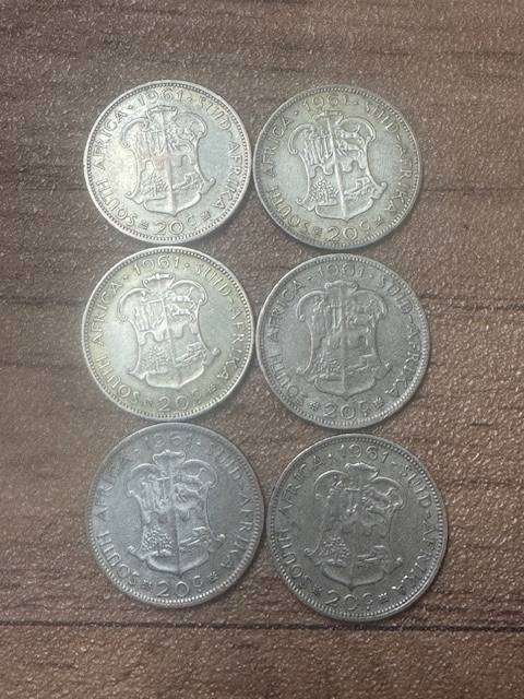 S A UNION TWO SHILLING FLORIN SILVER  1961. TOTAL 6