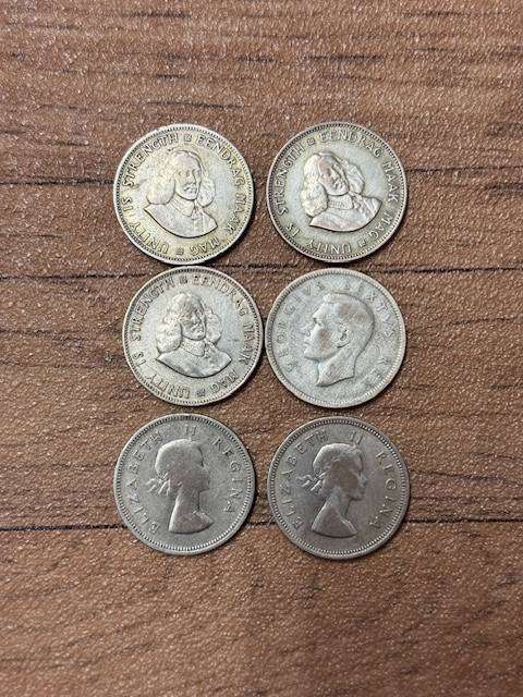 S A UNION TWO SHILLING (FLORIN) SILVER 1952-58-62 TOTAL 6