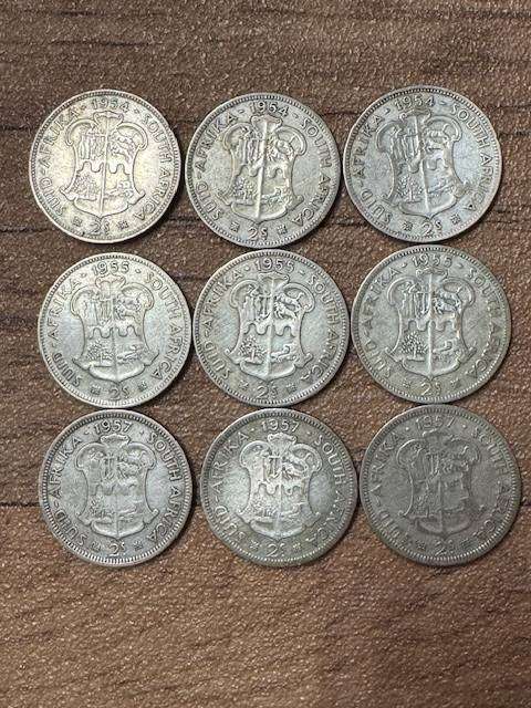 S A UNION TWO SHILLING (FLORIN) SILVER YEAR 1954-55-57 TOTAL 9