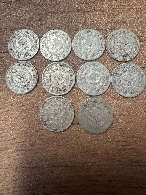 S A UNION SIX PENCE SILVER YEAR 1940/41/41/43/44/46/47/48 TOTAL 10