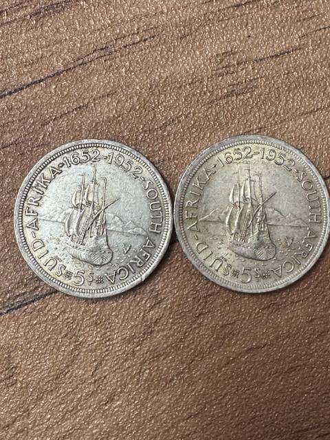 S.A.UNION FIVE SHILLINGS  1652-1952 300TH ANNIVERSARY  SILVER COIN. TOTAL 2 COIN