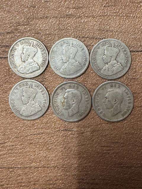 S A UNION ONE SHILLING COINS SILVER  1932/33/34/36/37/38/ TOTAL 6