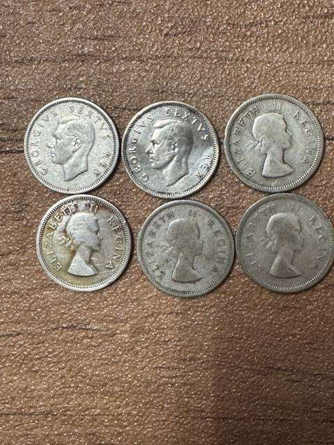 S A UNION ONE SHILLING COINS SILVER 1950/51/53/54/55/56 TOTAL 6