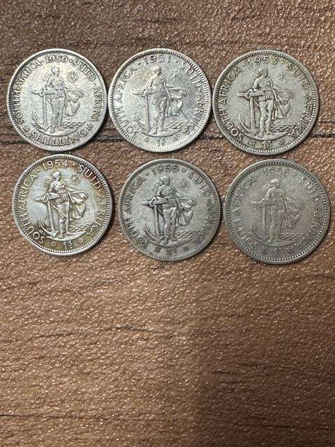 S A UNION ONE SHILLING COINS SILVER 1950/51/53/54/55/56 TOTAL 6