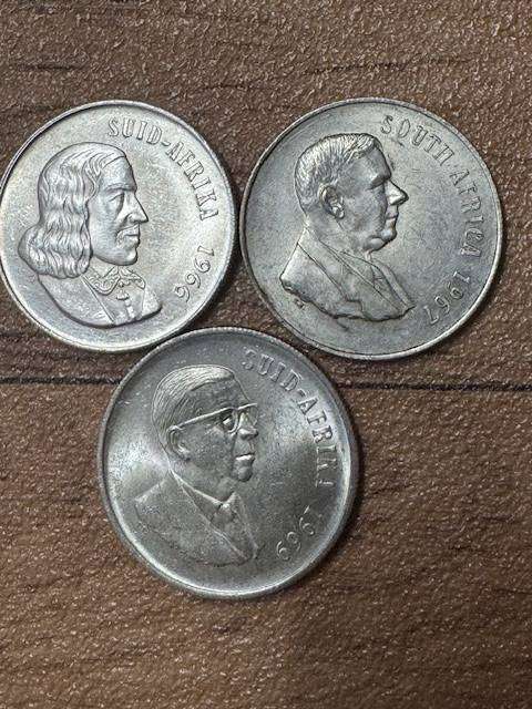 SOUTH AFRICA  ONE RAND COINS  -SILVER-  TOTAL 3  1966/67/69