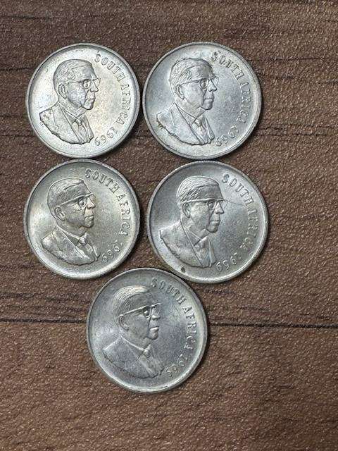 SOUTH AFRICA  ONE RAND COINS  -  1969 TOTAL 5 COINS SILVER.