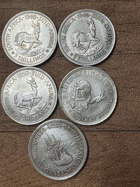 S.A.UNION FIVE SHILLINGS  SILVER  1948/49/50/51/52/ TOTAL (5)