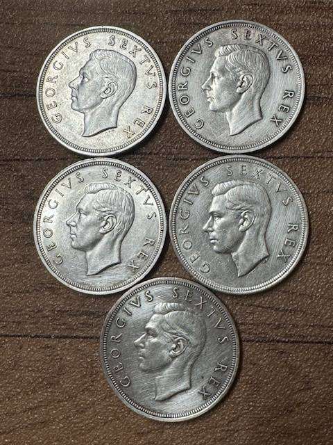 S.A.UNION FIVE SHILLINGS  SILVER  1948/49/50/51/52/ TOTAL (5)