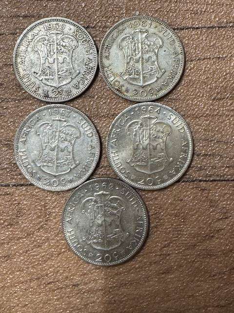 S A UNION TWO SHILLING FLORIN SILVER  TOTAL 5 1960/61/62/63/64