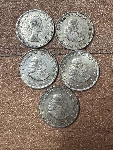 S A UNION TWO SHILLING FLORIN SILVER  TOTAL 5 1960/61/62/63/64