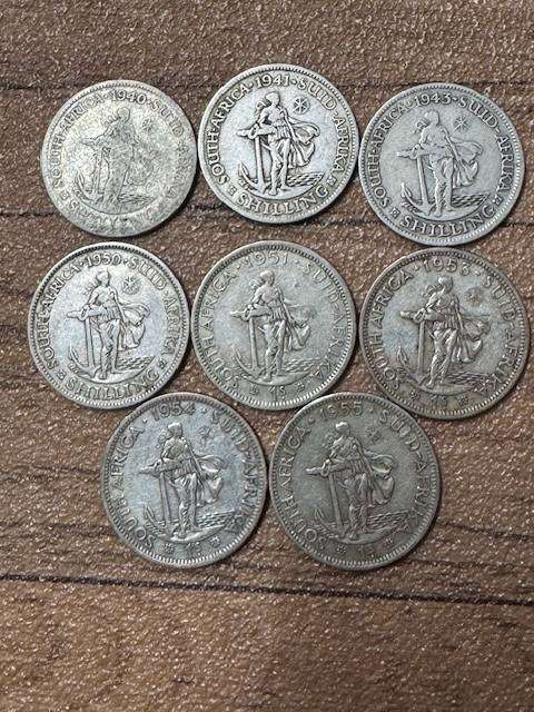 S A UNION ONE SHILLING COINS SILVER  TOTAL 8- 1940/41/43/50/51/53/54/55