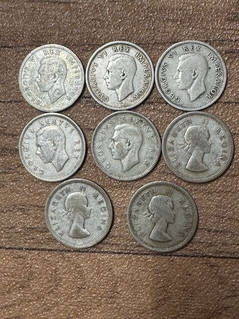 S A UNION ONE SHILLING COINS SILVER  TOTAL 8- 1940/41/43/50/51/53/54/55