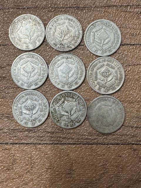 S A UNION SIX PENCE SILVER YEAR  1932/33/37/40/41/42/43/44/48 TOTAL 9