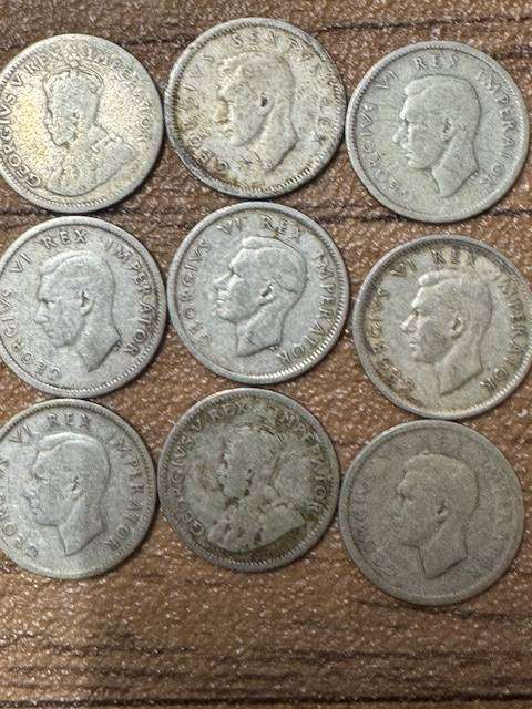 S A UNION SIX PENCE SILVER YEAR  1932/33/37/40/41/42/43/44/48 TOTAL 9