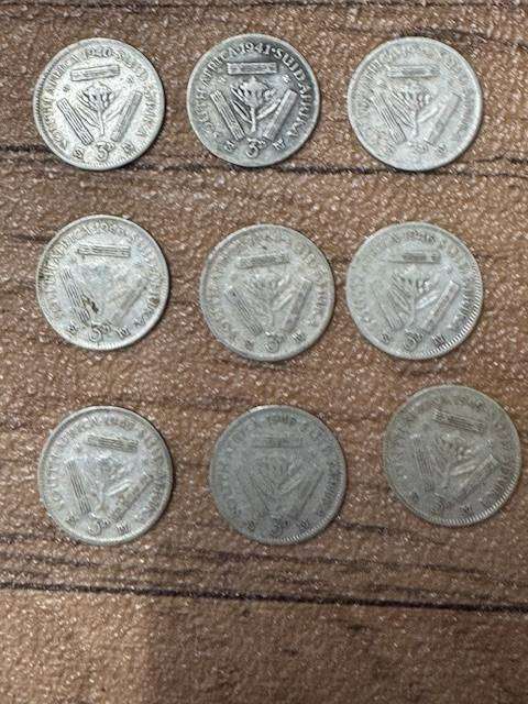 S A UNION THREE PENCE  TICKY SILVER YEAR 1940/41/42/43/44/46/47/48/49 TOTAL 9