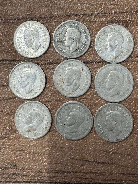 S A UNION THREE PENCE  TICKY SILVER YEAR 1940/41/42/43/44/46/47/48/49 TOTAL 9