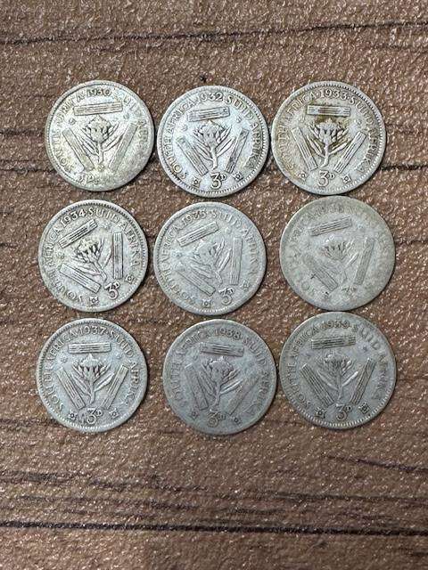 S A UNION THREE PENCE  TICKY SILVER YEAR 1930/32/33/34/35/36/37/38/39 TOTAL 9