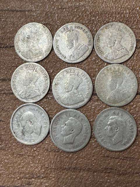 S A UNION THREE PENCE  TICKY SILVER YEAR 1930/32/33/34/35/36/37/38/39 TOTAL 9