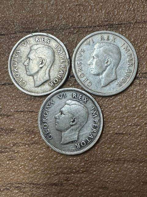 SA UNION ONE SHILLING COIN SILVER TOTAL 3  YEAR 1941/42/43