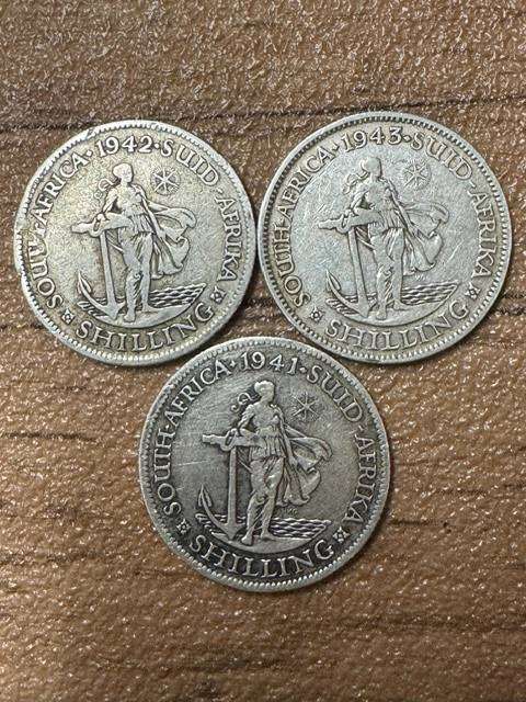 SA UNION ONE SHILLING COIN SILVER TOTAL 3  YEAR 1941/42/43