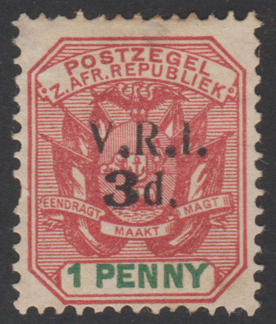 LYDENBURG: LOCAL BRITISH OCCUPATION ISSUE - THREE PENCE ON ONE-PENNY ROSE-RED AND GREEN - MM