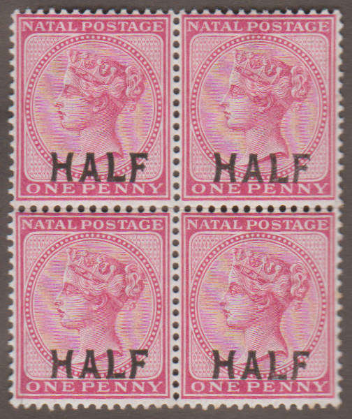 NATAL 1895 'HALF' ON 1D ROSE SG 125 BLOCK OF FOUR UMM