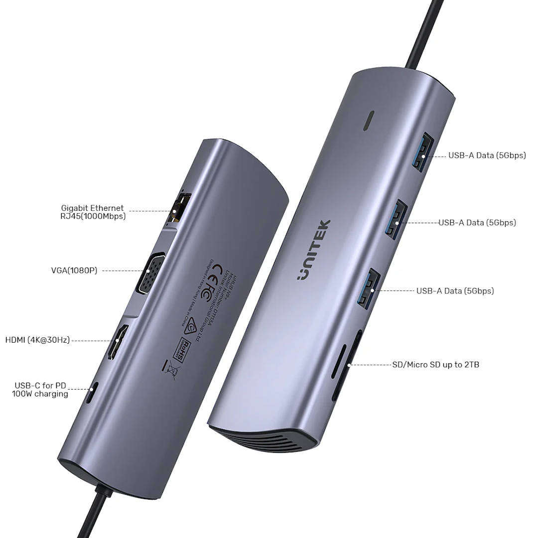 UNITEK 9-in-1 USB-C Hub with Dual Display, Dual Card Reader and 100W PD