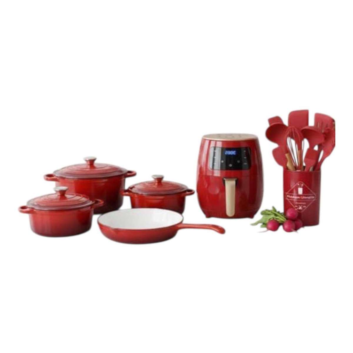 ML Red 7 Cast Iron Cookware 6L Air Fryer 12 Pcs Kitchen Set Non-Stick Coated Cast Iron Cookware Se