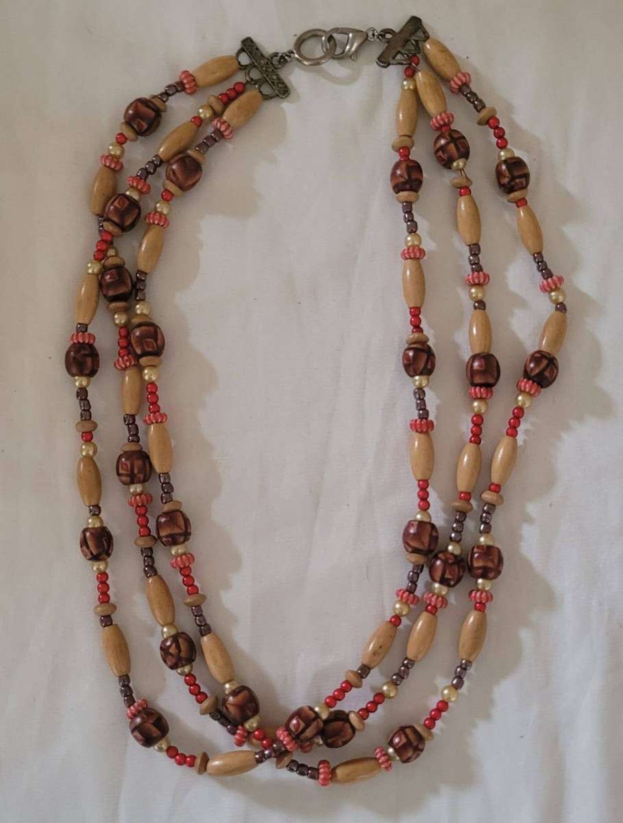 Vintage Multi-Strand Wooden Bead Necklace  Boho African Style 3-Layer Statement Piece