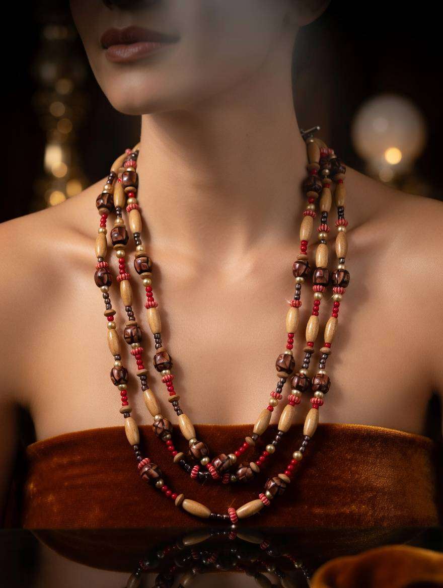 Vintage Multi-Strand Wooden Bead Necklace  Boho African Style 3-Layer Statement Piece
