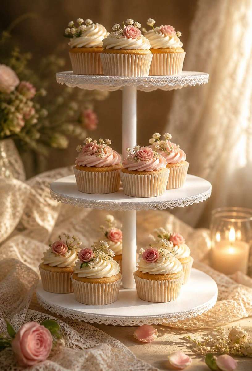 Handmade 3-Tier Wooden Cupcake Stand   White  Lace Trim  Wedding/Event