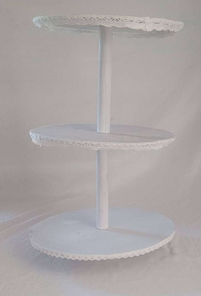Handmade 3-Tier Wooden Cupcake Stand   White  Lace Trim  Wedding/Event