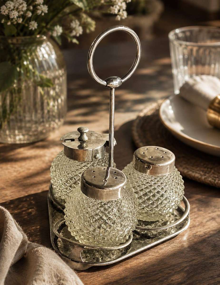 Glass & Chrome Condiment Set - 3 Piece - Diamond Cut Glass - Salt, Pepper & Mustard Pot - Chrome Cad