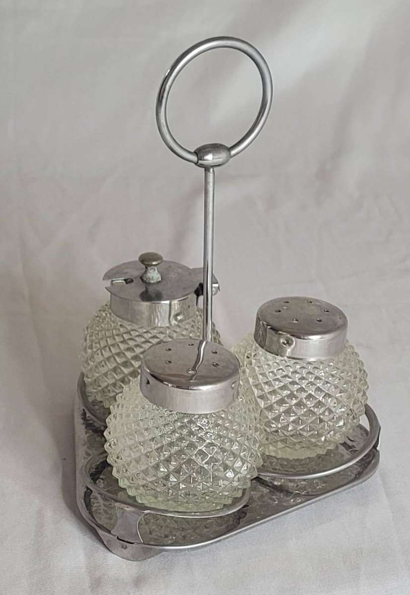 Glass & Chrome Condiment Set - 3 Piece - Diamond Cut Glass - Salt, Pepper & Mustard Pot - Chrome Cad
