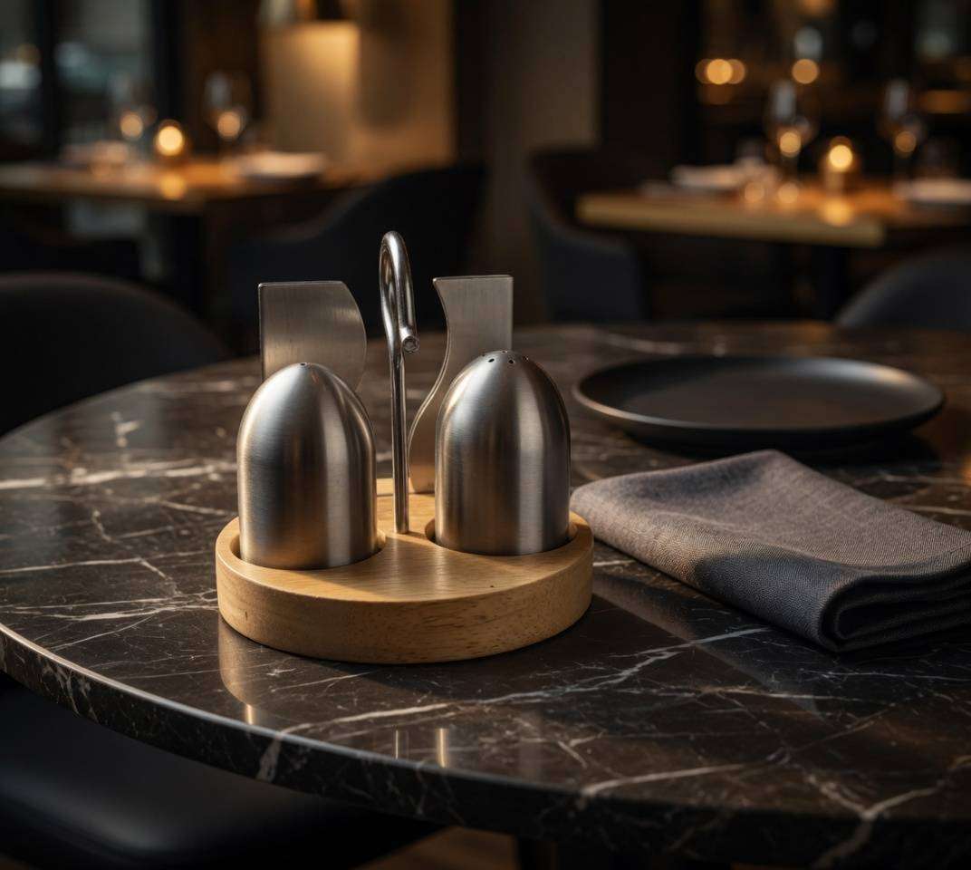Stainless Steel Salt & Pepper Shaker Set  Wooden Stand  Modern Kitchen