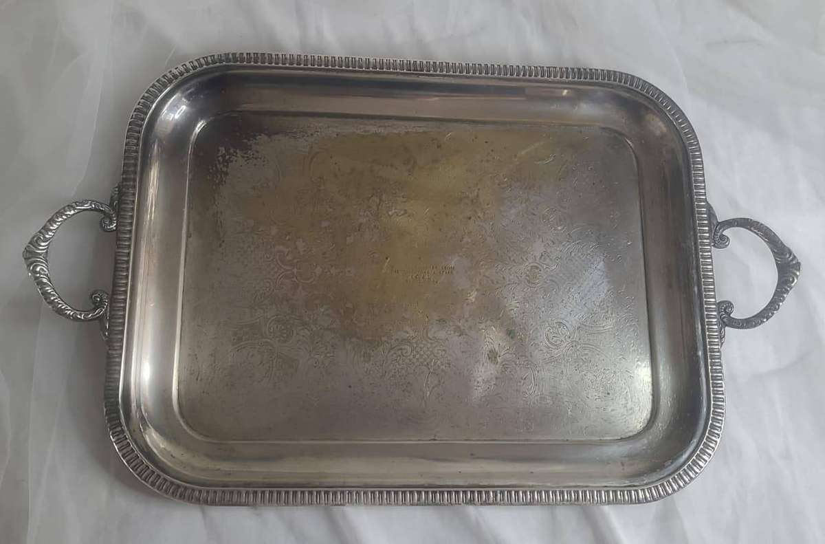 Silverplate Rectangular Serving Tray with Handles  Made in England  Dated 1958