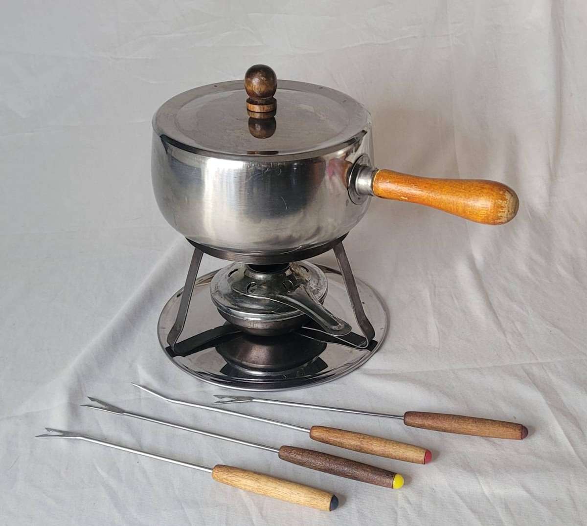 Vintage Stainless Steel Fondue Set  Complete with Stand, Burner & 4 Forks