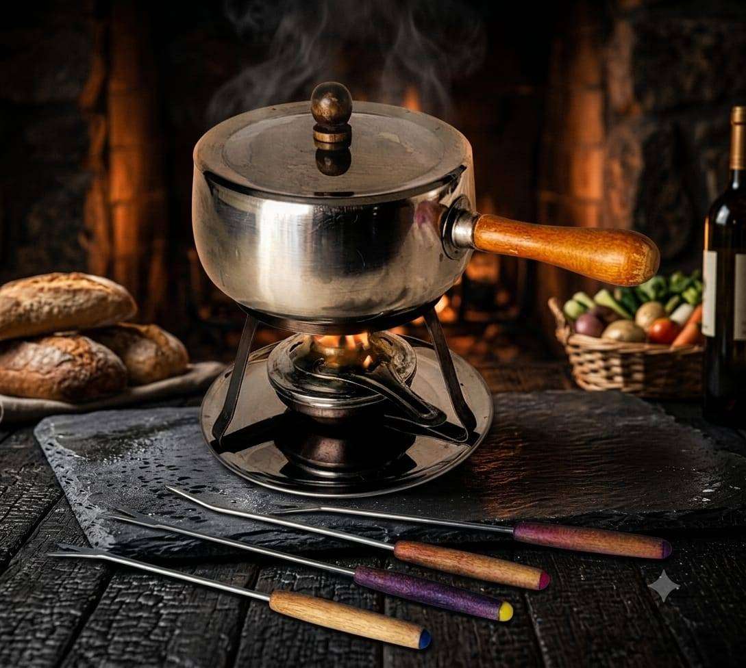 Vintage Stainless Steel Fondue Set  Complete with Stand, Burner & 4 Forks
