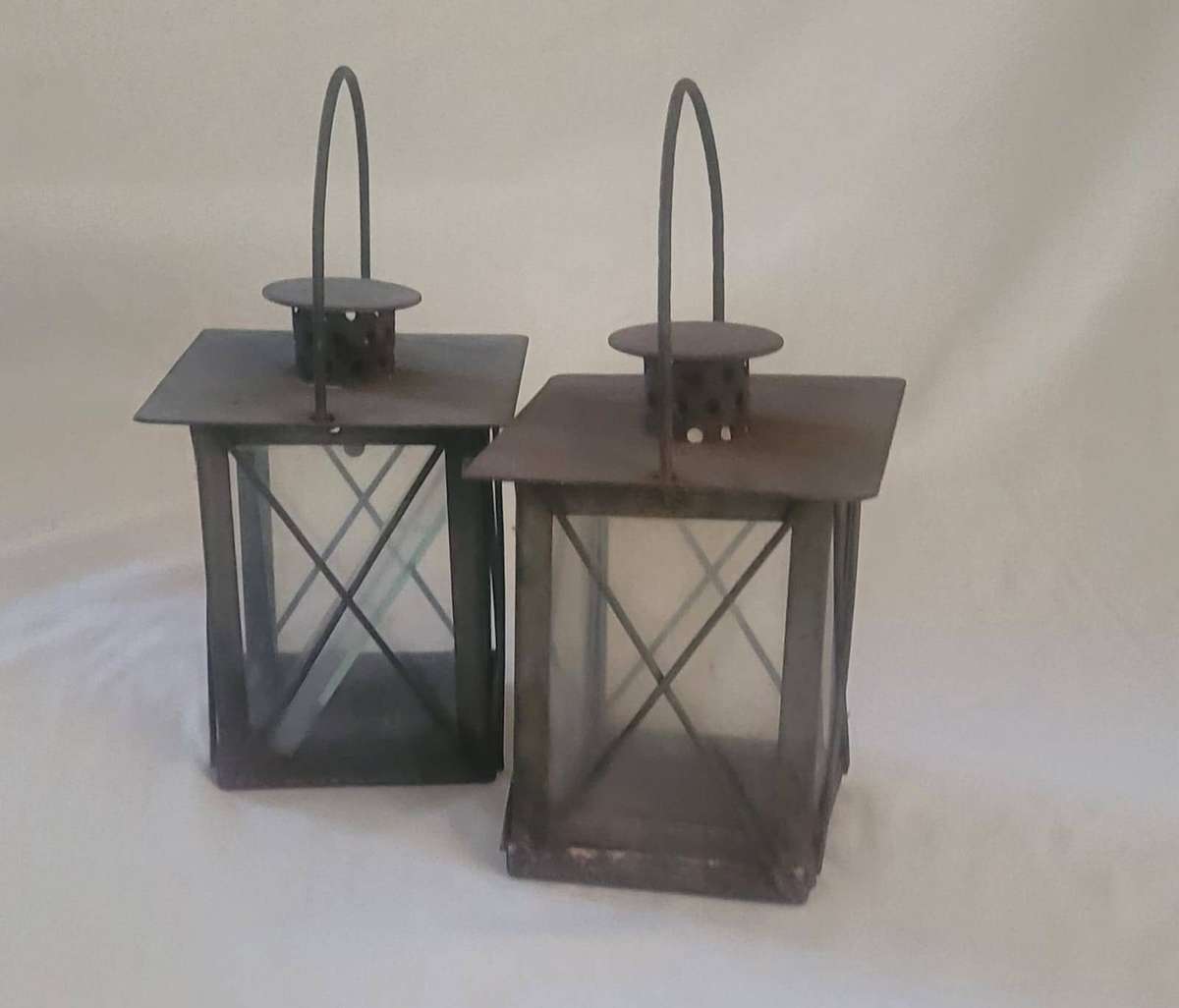 Pair of Rustic Metal Candle Lanterns  Glass Panels  Wedding/Event/Home Décor