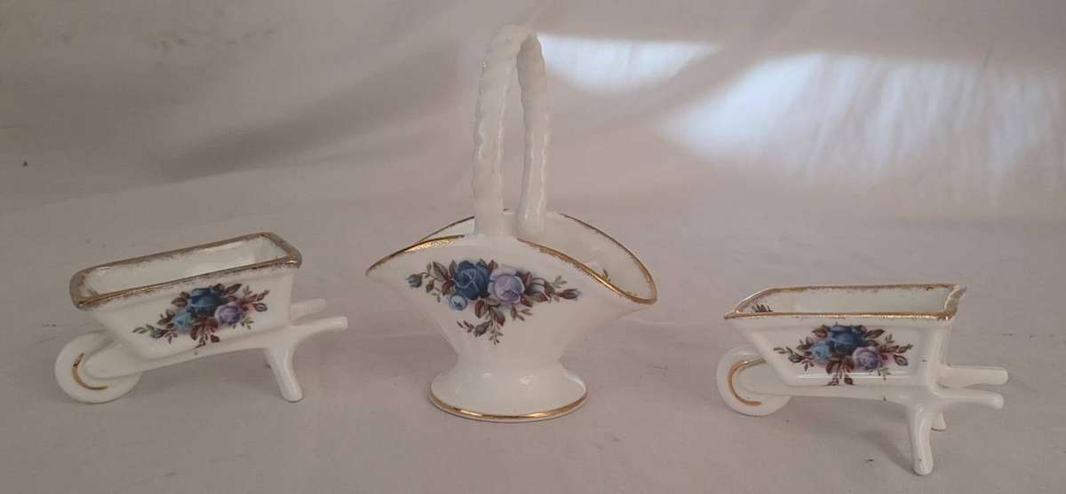 Royal Albert Moonlight Rose  Miniature Basket & Wheelbarrow Set | Made in England | 3 Pieces