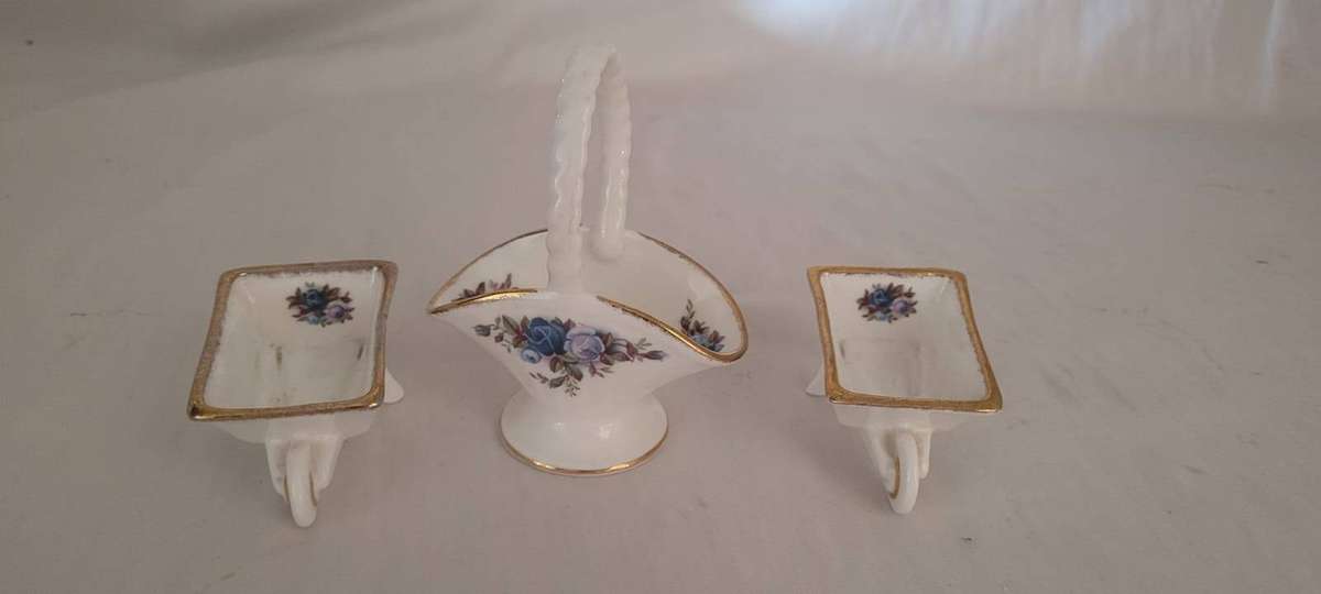 Royal Albert Moonlight Rose  Miniature Basket & Wheelbarrow Set | Made in England | 3 Pieces