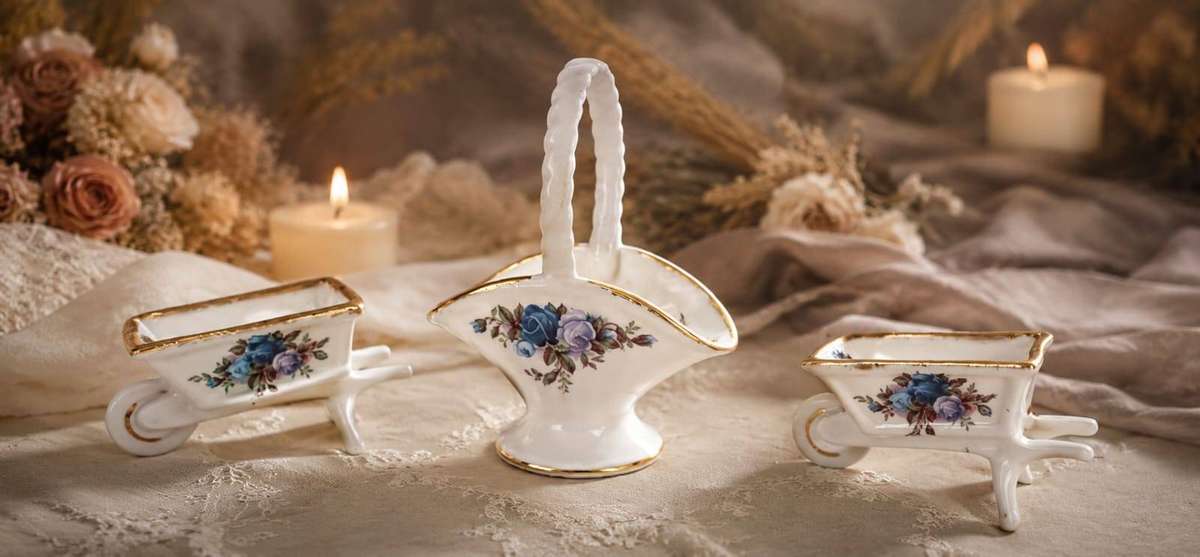 Royal Albert Moonlight Rose  Miniature Basket & Wheelbarrow Set | Made in England | 3 Pieces