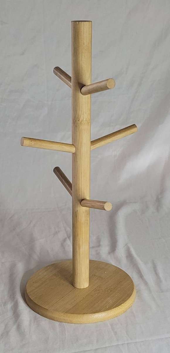 Bamboo Mug Tree Stand  6 Cup Hooks  Natural Wood  Kitchen Organiser