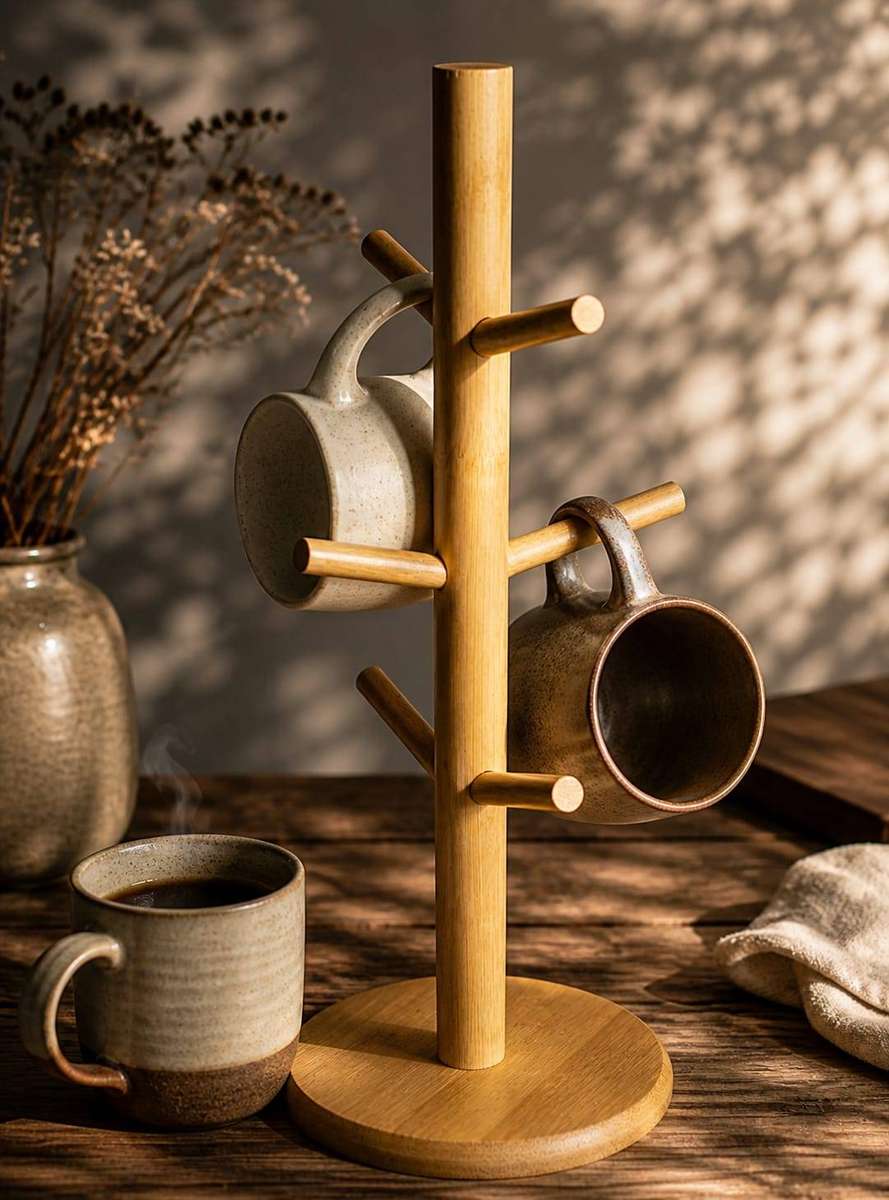 Bamboo Mug Tree Stand  6 Cup Hooks  Natural Wood  Kitchen Organiser
