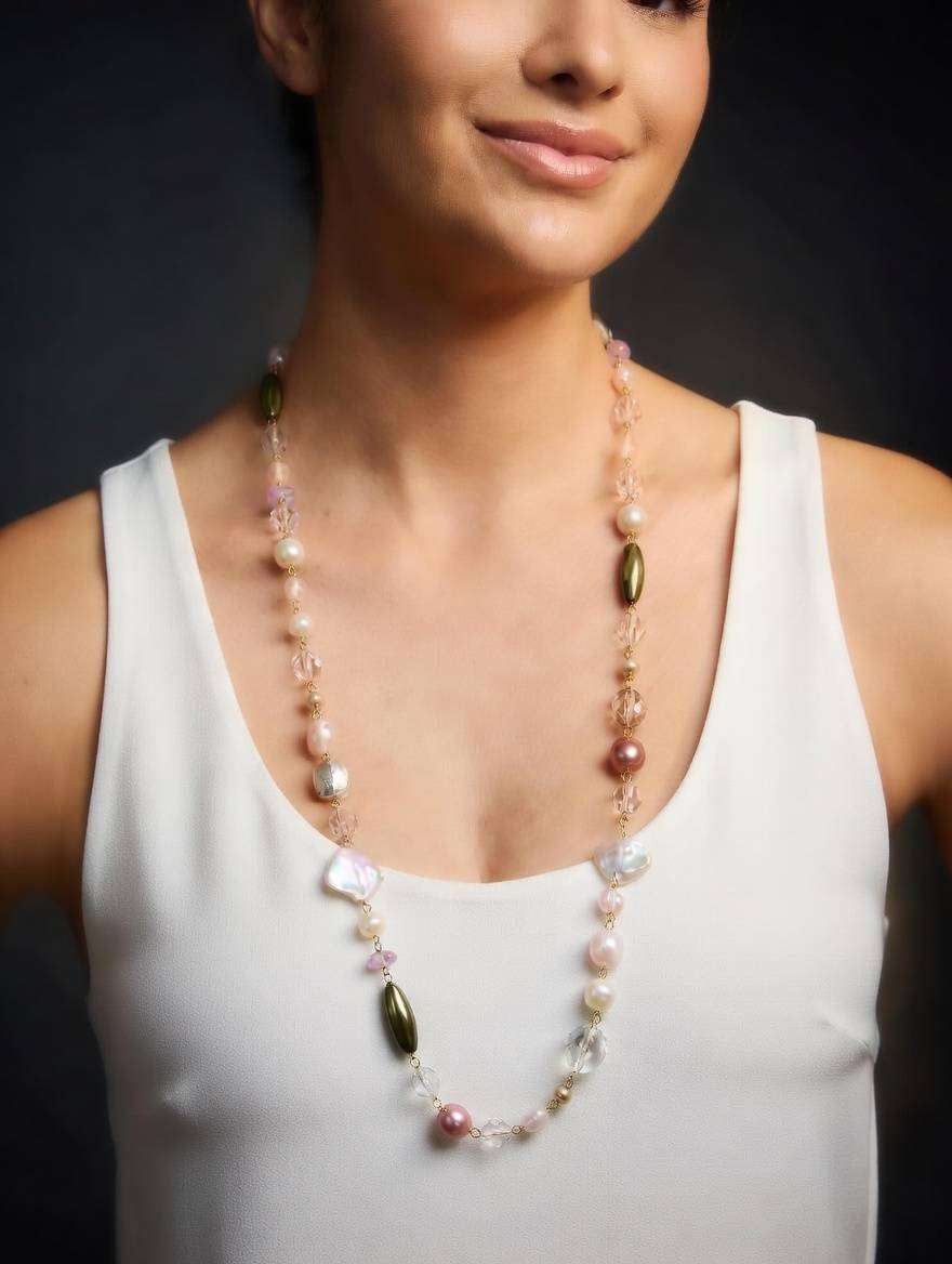 Vintage Long Beaded Necklace | Mixed Crystal Pearl Shell & Stone Beads | 1970s80s
