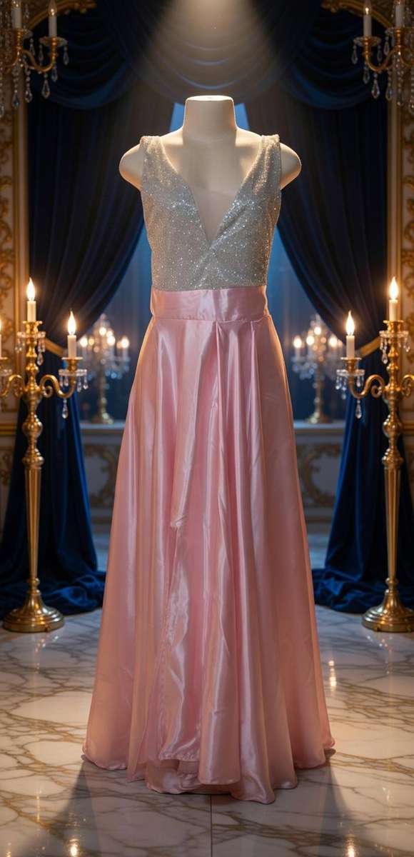 Pink Satin & Silver Glitter Ballgown