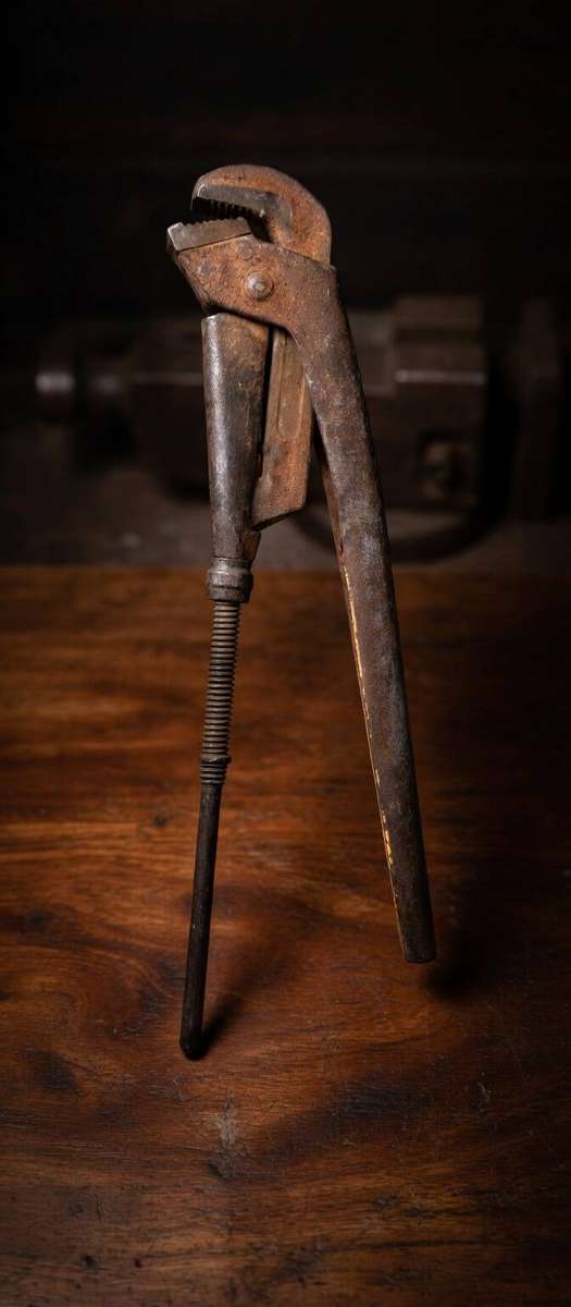 Antique Vintage Cast Iron Adjustable Pipe Wrench  Stillson Style  Industrial Tool Collectible